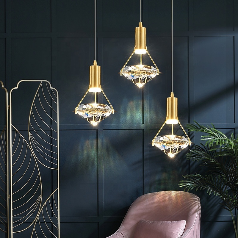 Single modern luxury diamond crystal hanging ceiling chandelier lamps led nordic creative bedside home decorative pendant light