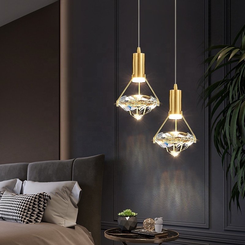 Single modern luxury diamond crystal hanging ceiling chandelier lamps led nordic creative bedside home decorative pendant light