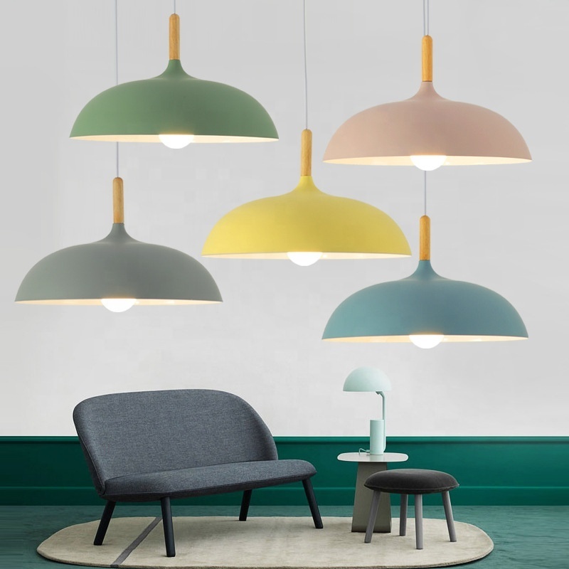 Modern simple creative hanging pendant lamps aluminum colorful wood ceiling chandeliers wood led dome indoor pendant light