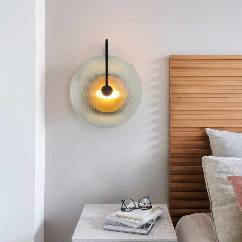 Simple modern creative round wall light glass black metal led sconce mounted reading night bedside wall lamp