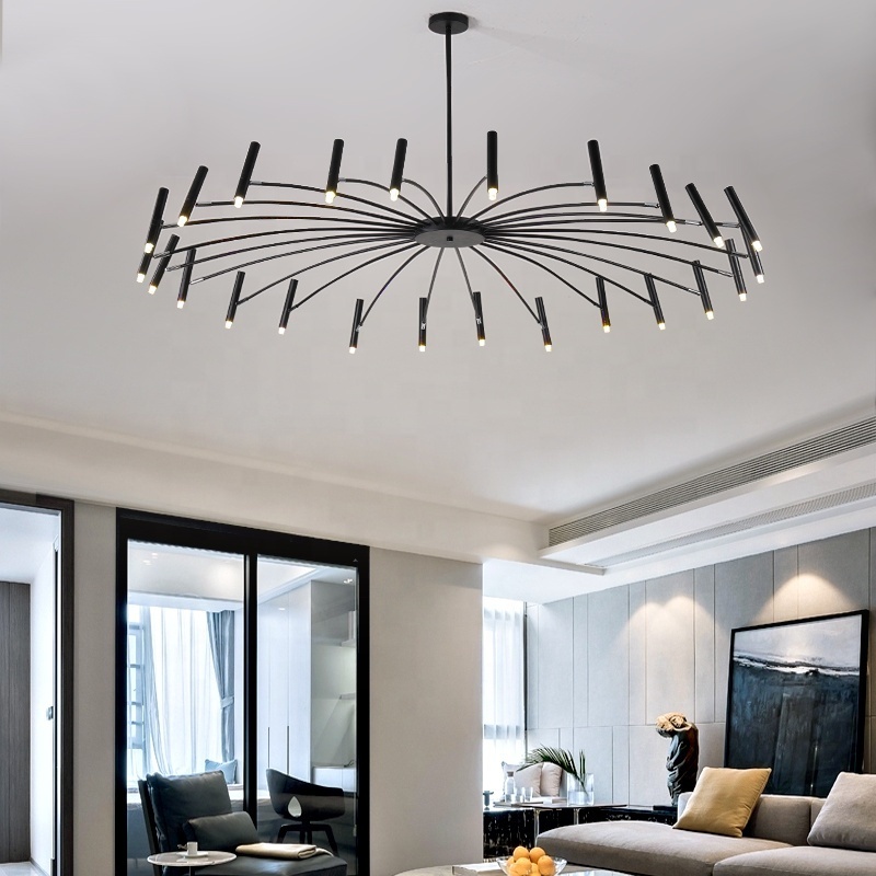 Modern black metal ceiling pendant lamp led rotation creative pendant light living room decorative chandelier