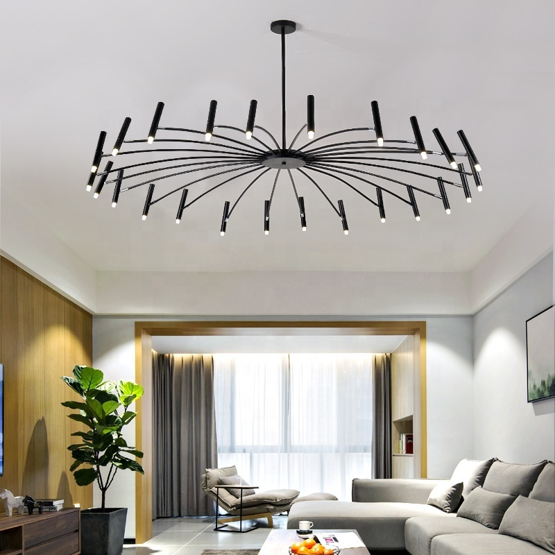 Modern black metal ceiling pendant lamp led rotation creative pendant light living room decorative chandelier