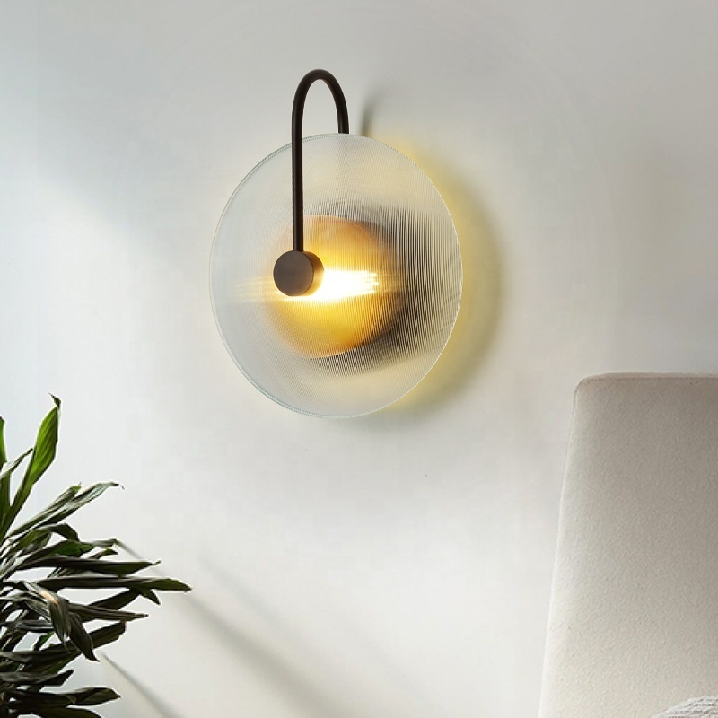 Simple modern creative round wall light glass black metal led sconce mounted reading night bedside wall lamp