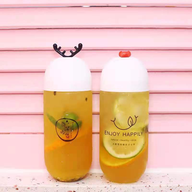 Fruit Juice Beverage Container Plastic PET Water Bottles with Cap Transparent Cute Capsule Milk Tea Lovers Screen Printing