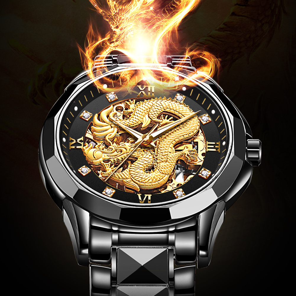 JUDUN Automatic Imported Movement Man Watches Dragon Fashion Classic New Design Black Mechanical Men Watch