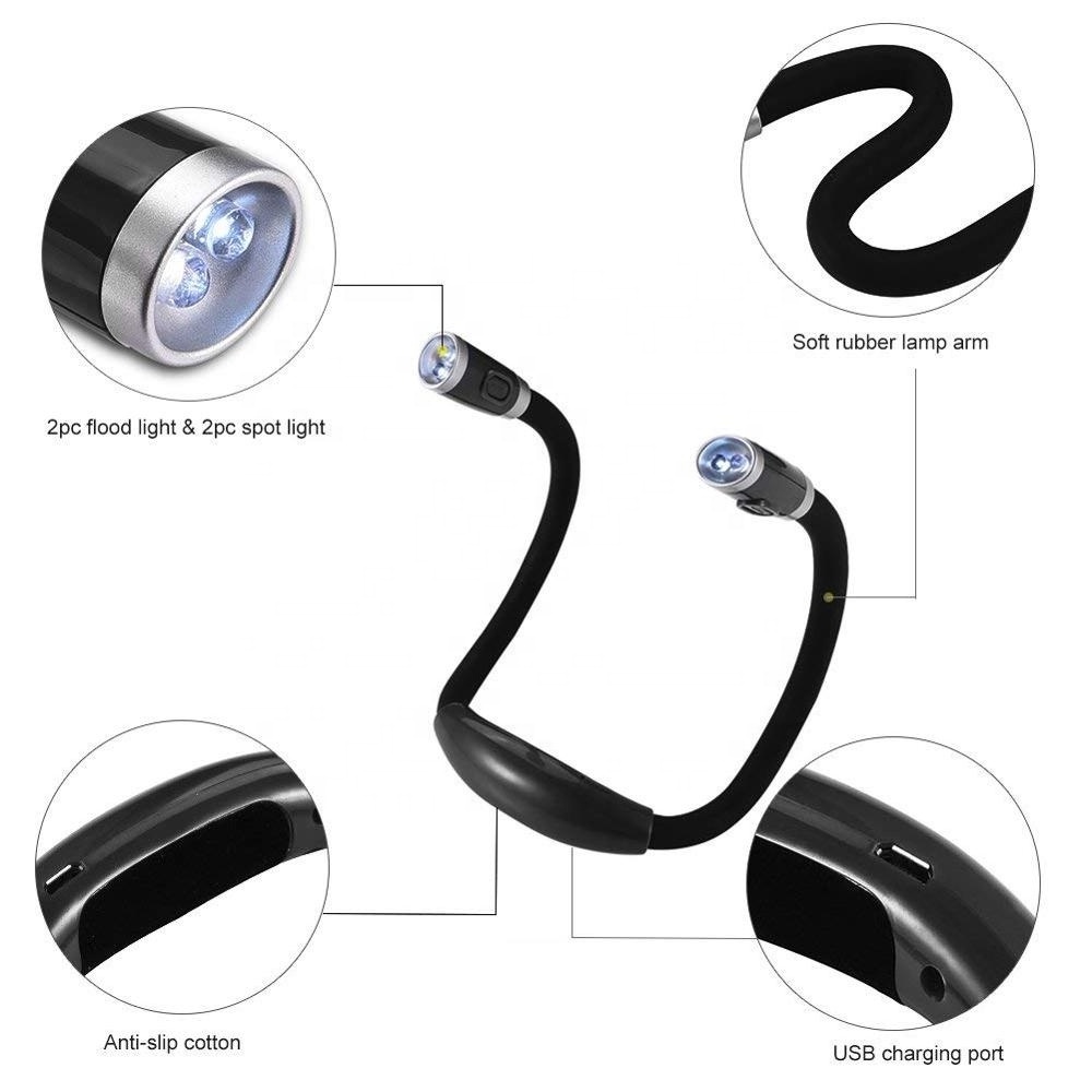 LED Reading Lamp Rechargeable Hug light  Hands Free 4 LED Bulbs 3 Adjustable Brightness USB Cable Include