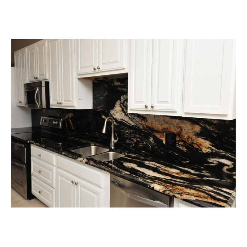 Wholesale natural Brazilian Cosmic black forest gold granite slab kitchen countertop prefab