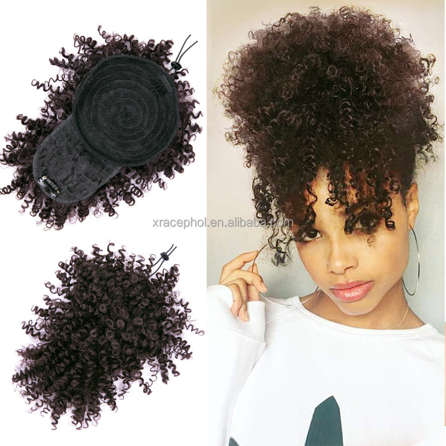 Premium 10inch Clip in Drawstring Afro Chignon Curly Elastic Drawstring Messy Bun with Bangs for Girl Synthetic Hair