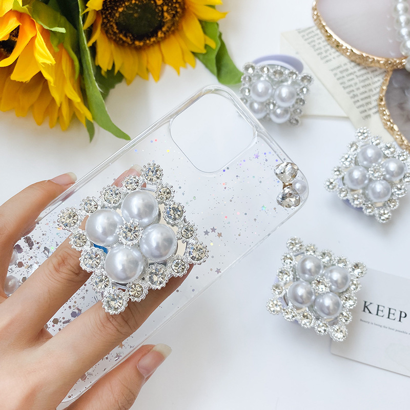 Luxury Plating Square Bling Glitter Pearl Phone Socket Rhinestone Mobile Phone Holder Folding Stand Desktop Lazy Bracket