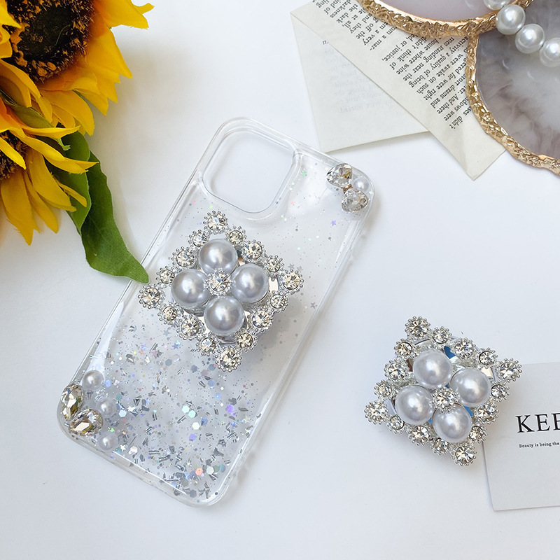 Luxury Plating Square Bling Glitter Pearl Phone Socket Rhinestone Mobile Phone Holder Folding Stand Desktop Lazy Bracket