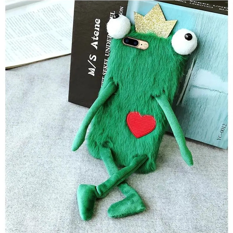 Funny 3D Cute Love Heart Cartoon Frog Plush Phone Case For iPhone 14 13 12 11 Pro Max 7 8 Plus Fluffy Fur Soft Cover