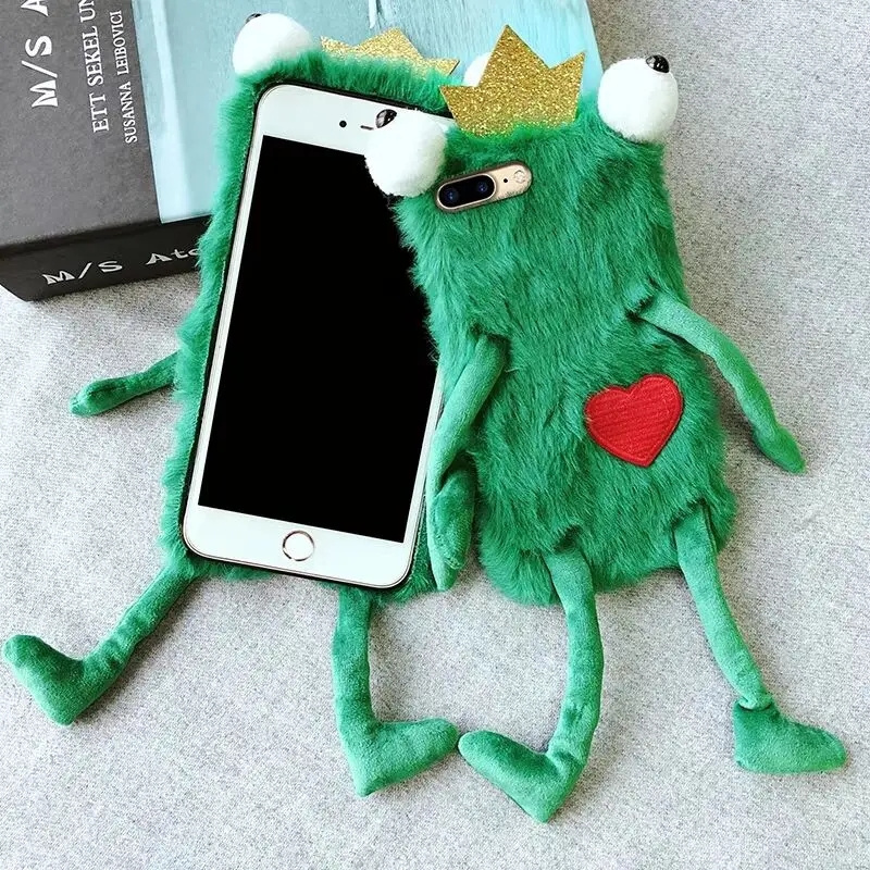 Funny 3D Cute Love Heart Cartoon Frog Plush Phone Case For iPhone 14 13 12 11 Pro Max 7 8 Plus Fluffy Fur Soft Cover