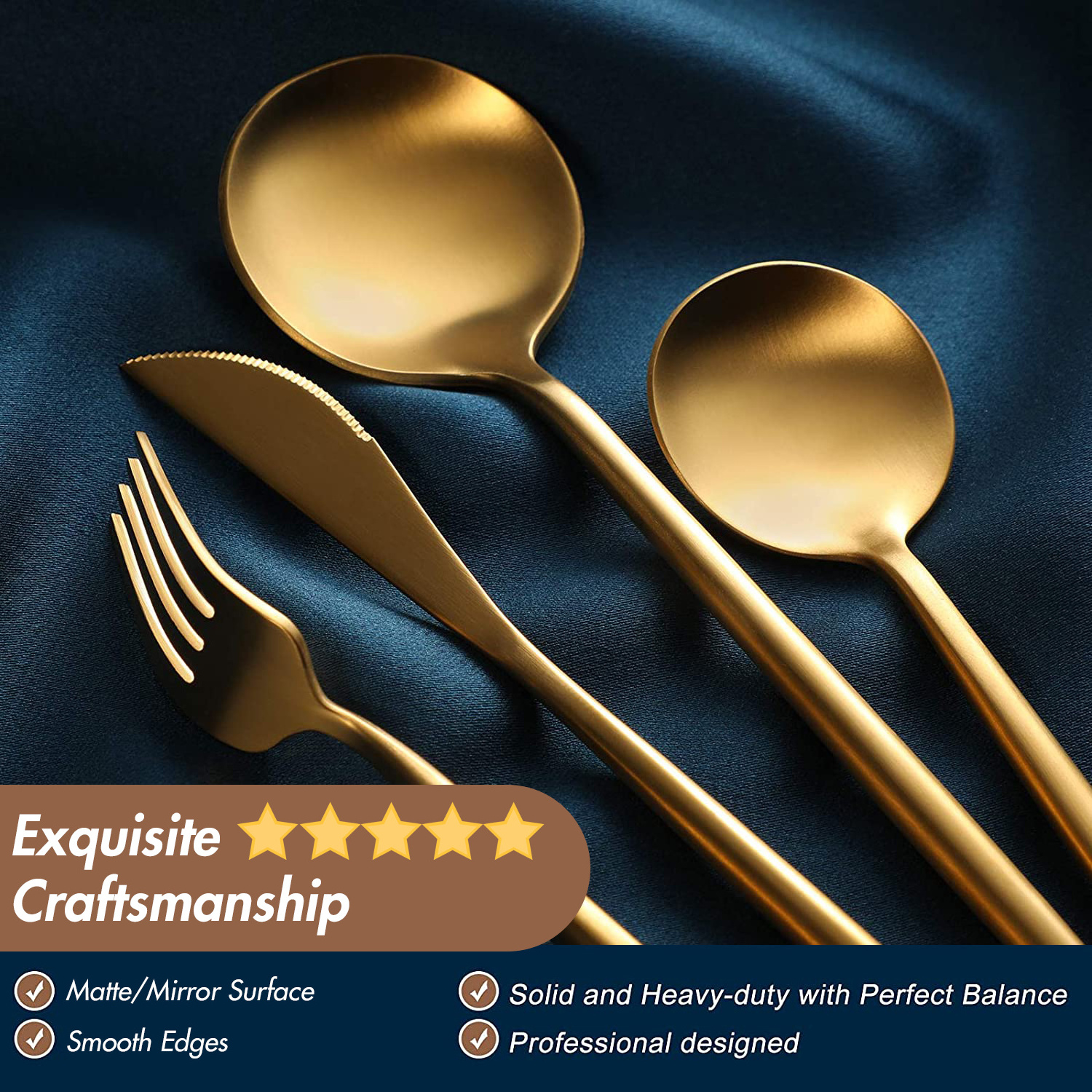 Portugal Stainless Steel Metal Bulk Catering Spoon Sets Matte Golden Plated Silverware Wedding Flatware Gold Cutlery Set