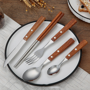 Japanese Style 304 Wood Handle Stainless Steel Knife And Utensils Flatware Set Fork Spoon Chopsticks 5pcs Cutlery Set