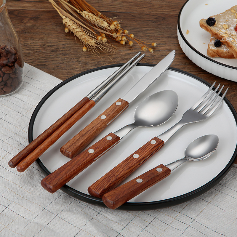 Japanese Style 304 Wood Handle Stainless Steel Knife And Utensils Flatware Set Fork Spoon Chopsticks 5pcs Cutlery Set