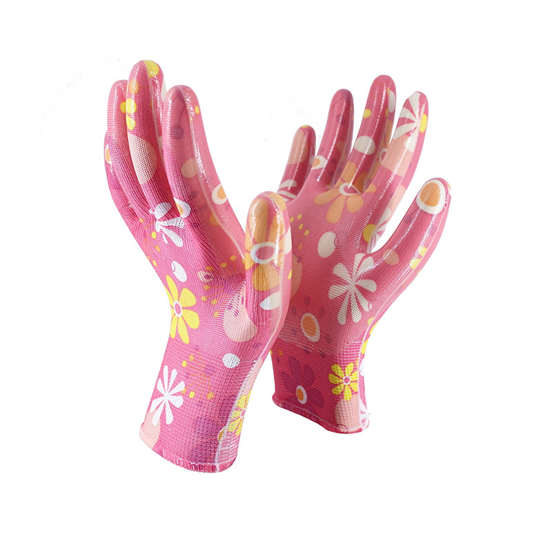 Hot Selling Printed Liner Work Coated Nitrile Gloves For Gardening Woman Farming