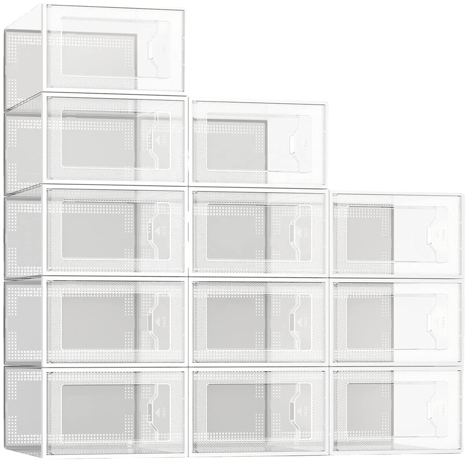 12 Pack Clear Plastic Large Shoe Storage Box Stackable Shoe Organizer for Closet