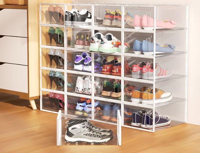 12 Pack Clear Plastic Large Shoe Storage Box Stackable Shoe Organizer for Closet