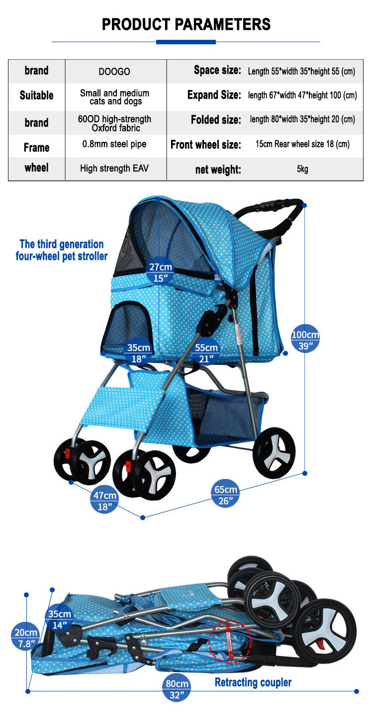 One Hand Operate Foldable 4 Wheel Dogs Carts Retractable Pet Stroller Cart