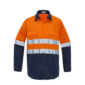 100% Cotton Reflective Safety Lightweight High Viz Tape Orange Work Clothes For Women's Shirts With Two Front Pockets