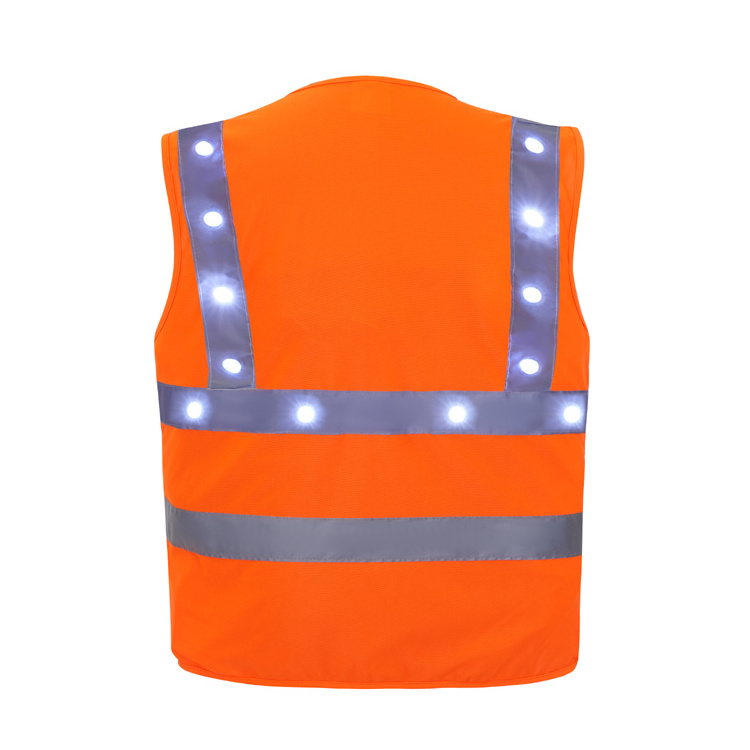 CE EN ISO 20471 Rechargeable Uniform Hi Vis Fluo Orange Reflective Safety Vest With Led Flashing