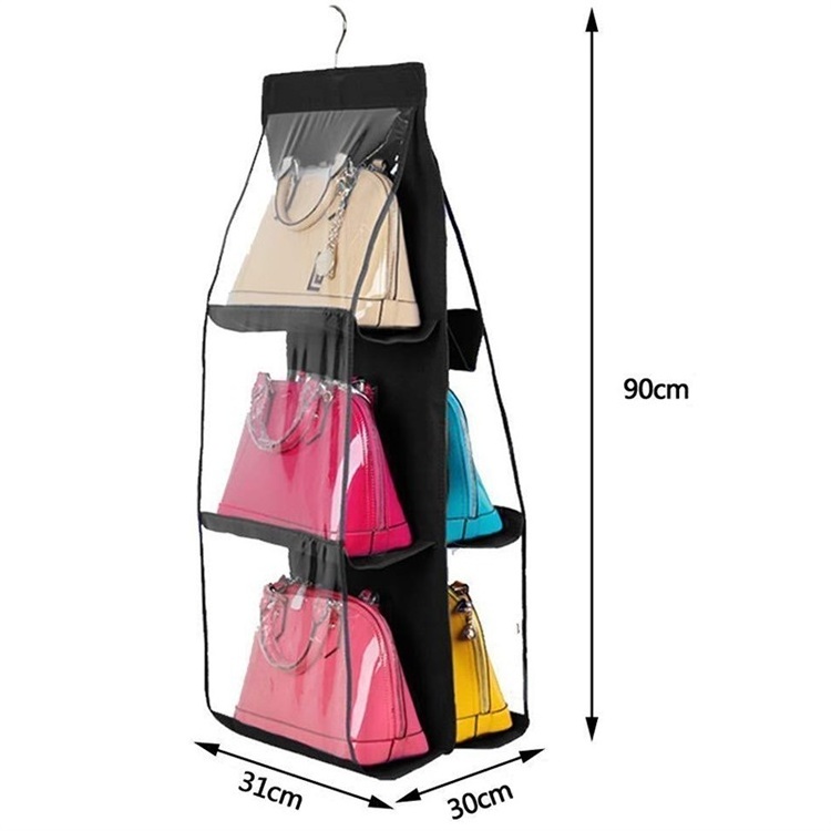 Wholesale Ready to ship 6 Pocket Hanging Handbag Organizer for Wardrobe Closet Transparent Storage Bag Handbag organizer storage