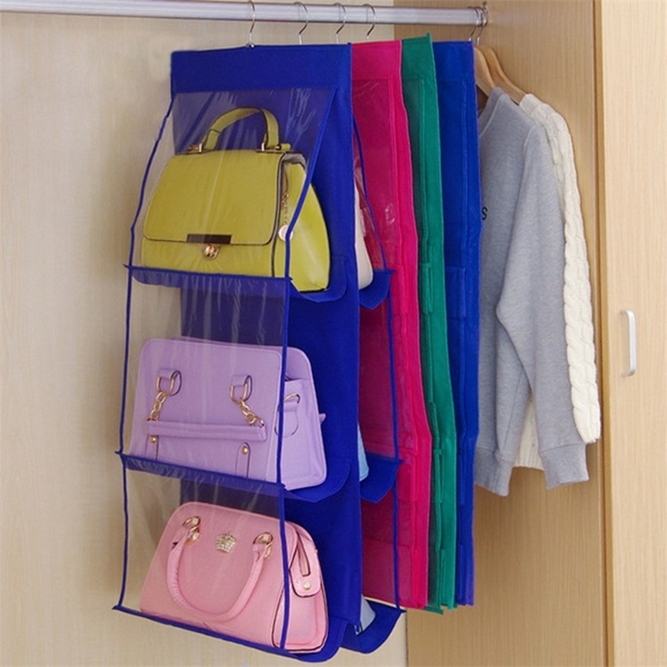 Wholesale Ready to ship 6 Pocket Hanging Handbag Organizer for Wardrobe Closet Transparent Storage Bag Handbag organizer storage