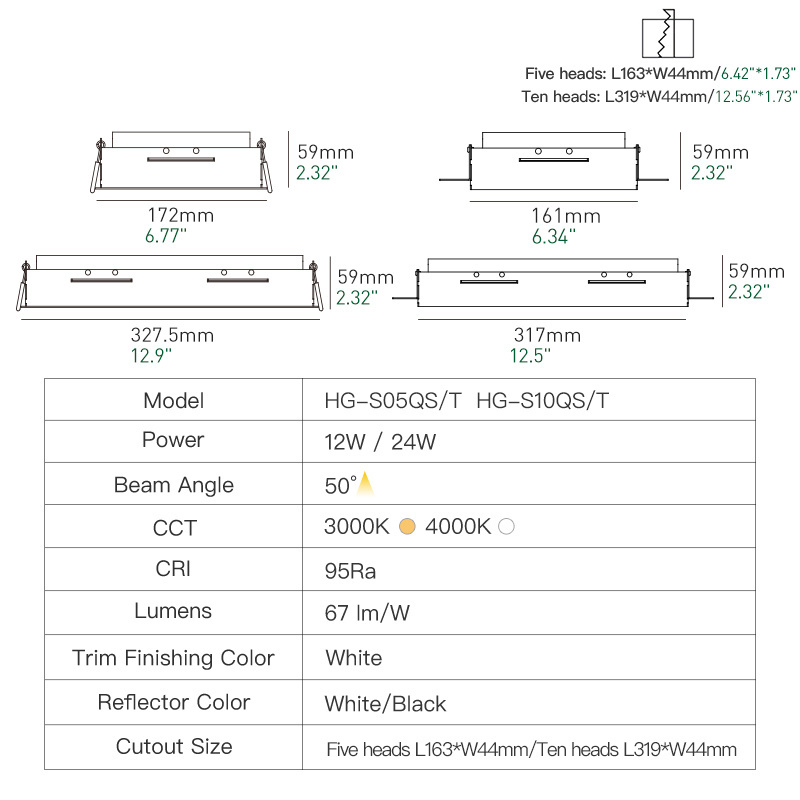 XRZLux LED Rectangular Recessed Aluminium Spotlight 5/10 Heads Recessed Linear Light AC110-220V Led Ceiling Lamp Indoor Lighting