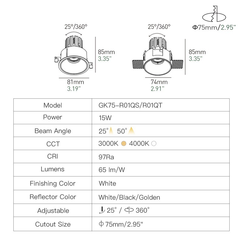 XRZLux 15W Dimmable CCT Change Led Smart Recessed Downlight Anti Glare ETL LED Ceiling Dimmable Spotlight Hotel COB Spot Light