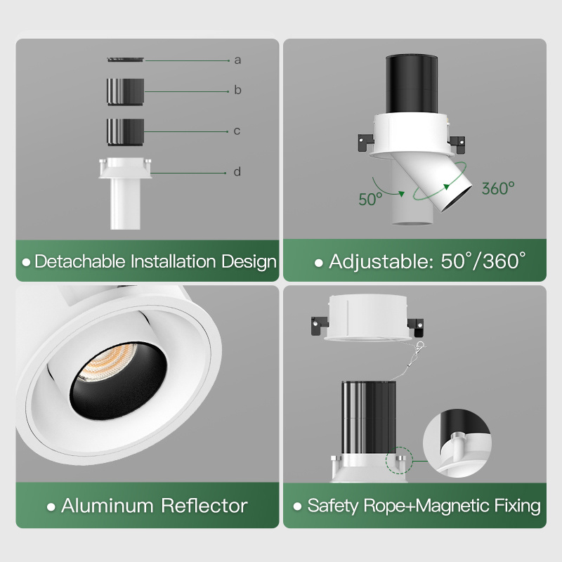 XRZLux 10W Retractable Ceiling Recessed COB Led Downlight Aluminum Anti Glare ETL Led Spotlights Adjustable Recessed Lighting