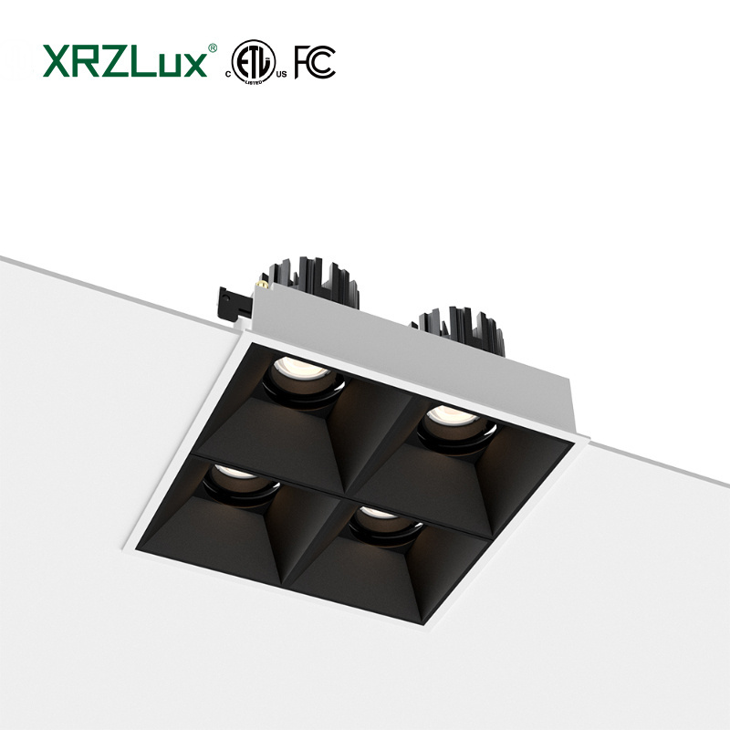 XRZLux Square Recessed COB Downlight LED 4 Heads Ceiling Spotlight Anti-glare Aluminum ETL LED Downlight 40W 60W Indoor Lighting