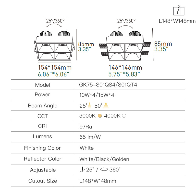 XRZLux Square Recessed COB Downlight LED 4 Heads Ceiling Spotlight Anti-glare Aluminum ETL LED Downlight 40W 60W Indoor Lighting