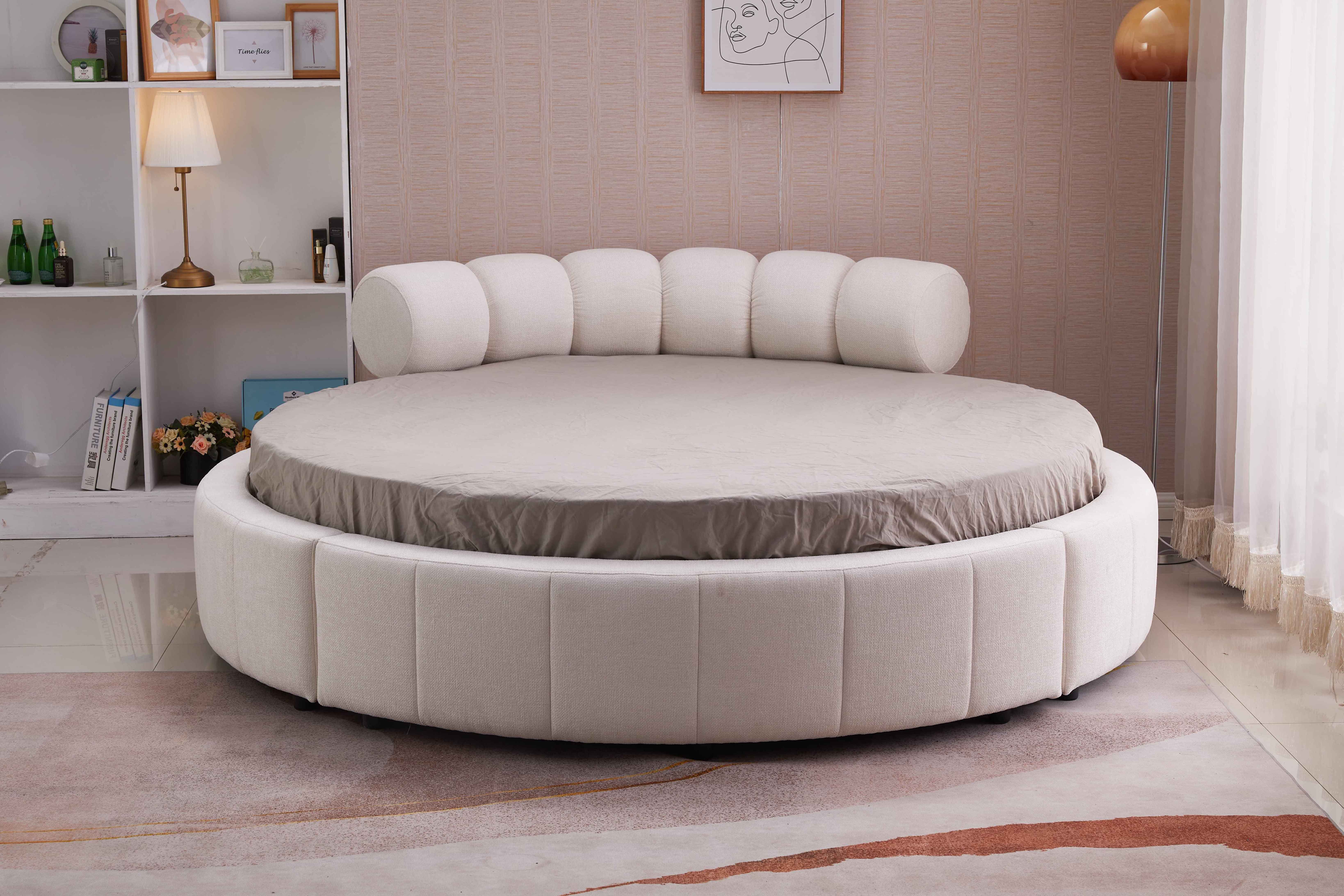 Luxury Design For Bedroom Furniture Soft Grey Velvet Upholstered Circle Bed California King Size Bed With Storage Bed Frame