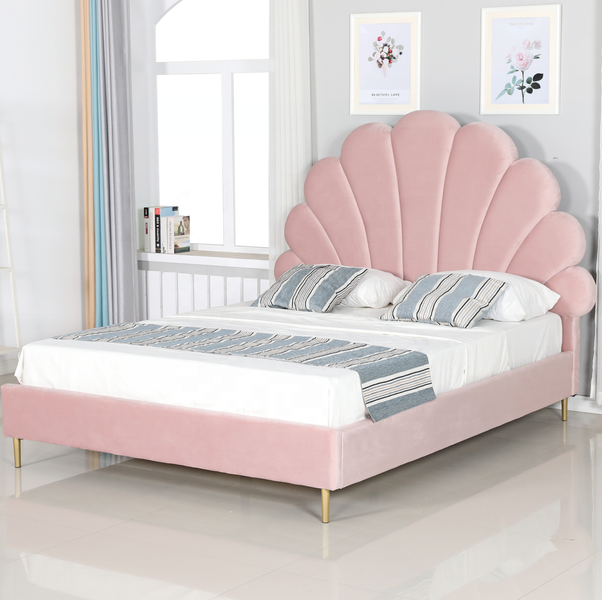 ENordic Luxury Velvet High Quality Good Price Bed Headboard Bedroom Single Size Flower Shape Pink Wooden Bed Frame