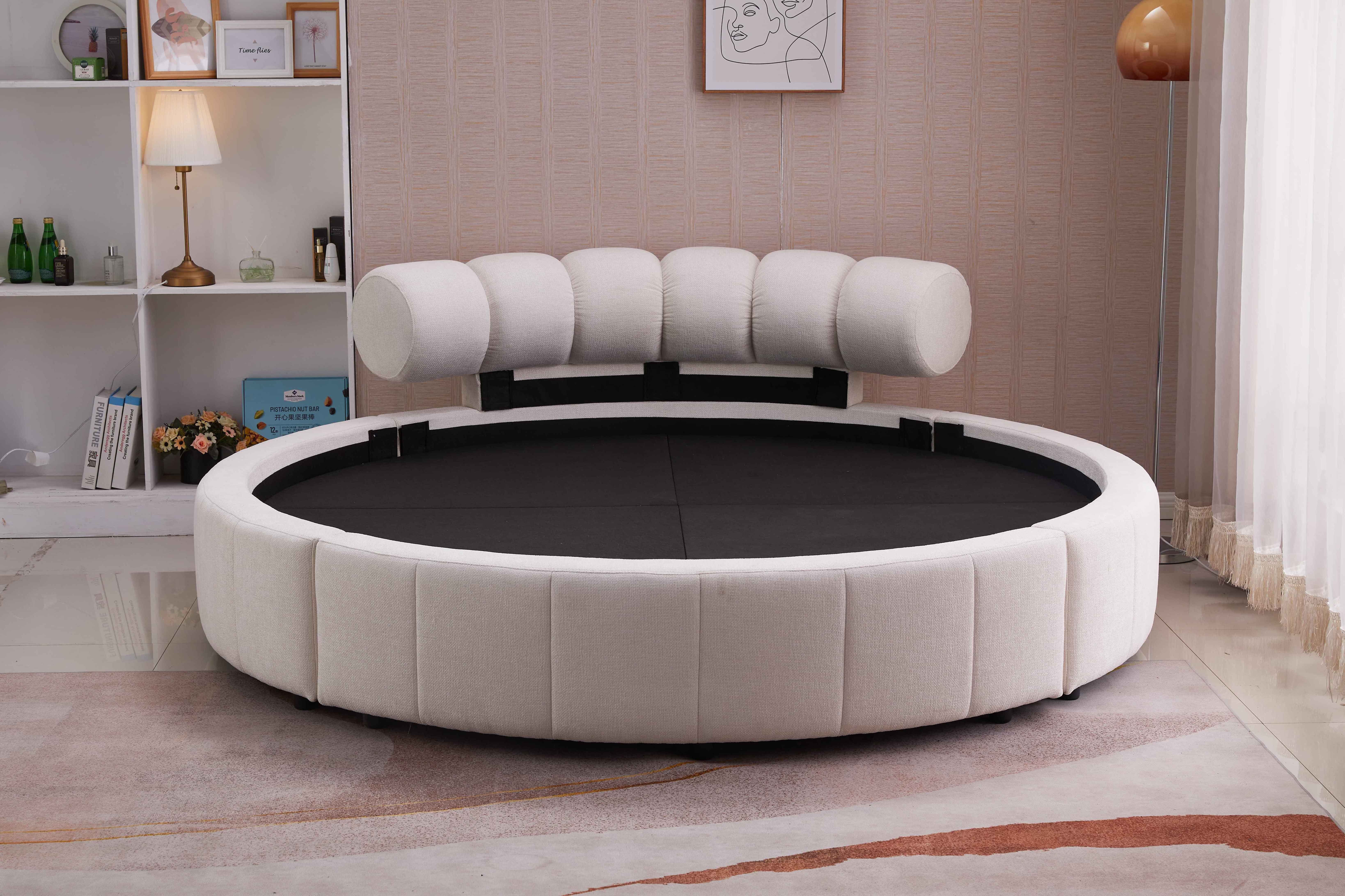 Luxury Design For Bedroom Furniture Soft Grey Velvet Upholstered Circle Bed California King Size Bed With Storage Bed Frame