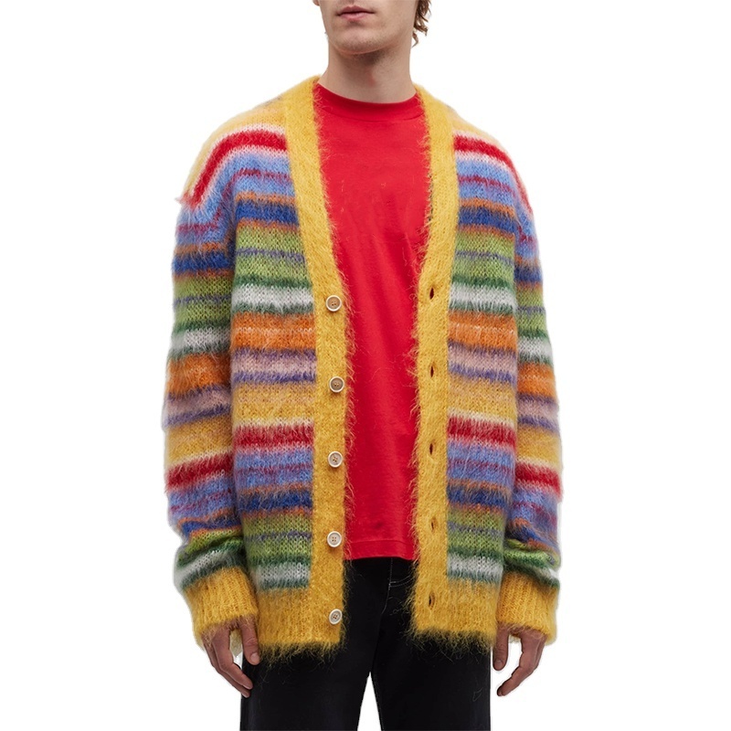 Custom OEM & ODM men mohair sweater Fuzzy Long Sleeve knitwear winter Cardigan coat Striped knit top mohair knitted sweater men