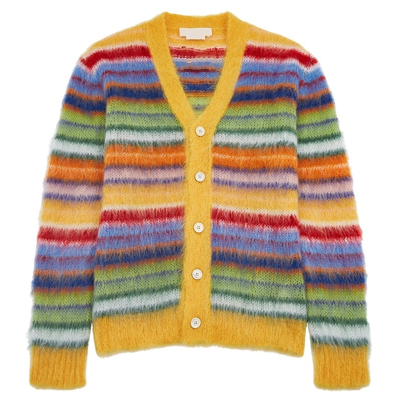 Custom OEM & ODM men mohair sweater Fuzzy Long Sleeve knitwear winter Cardigan coat Striped knit top mohair knitted sweater men