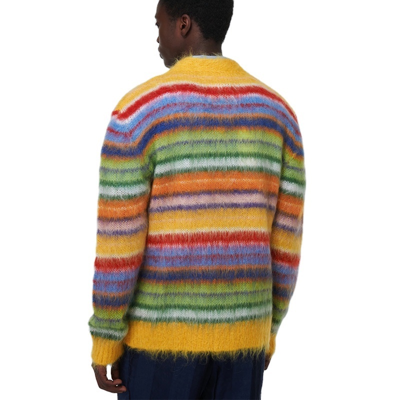 Custom OEM & ODM men mohair sweater Fuzzy Long Sleeve knitwear winter Cardigan coat Striped knit top mohair knitted sweater men