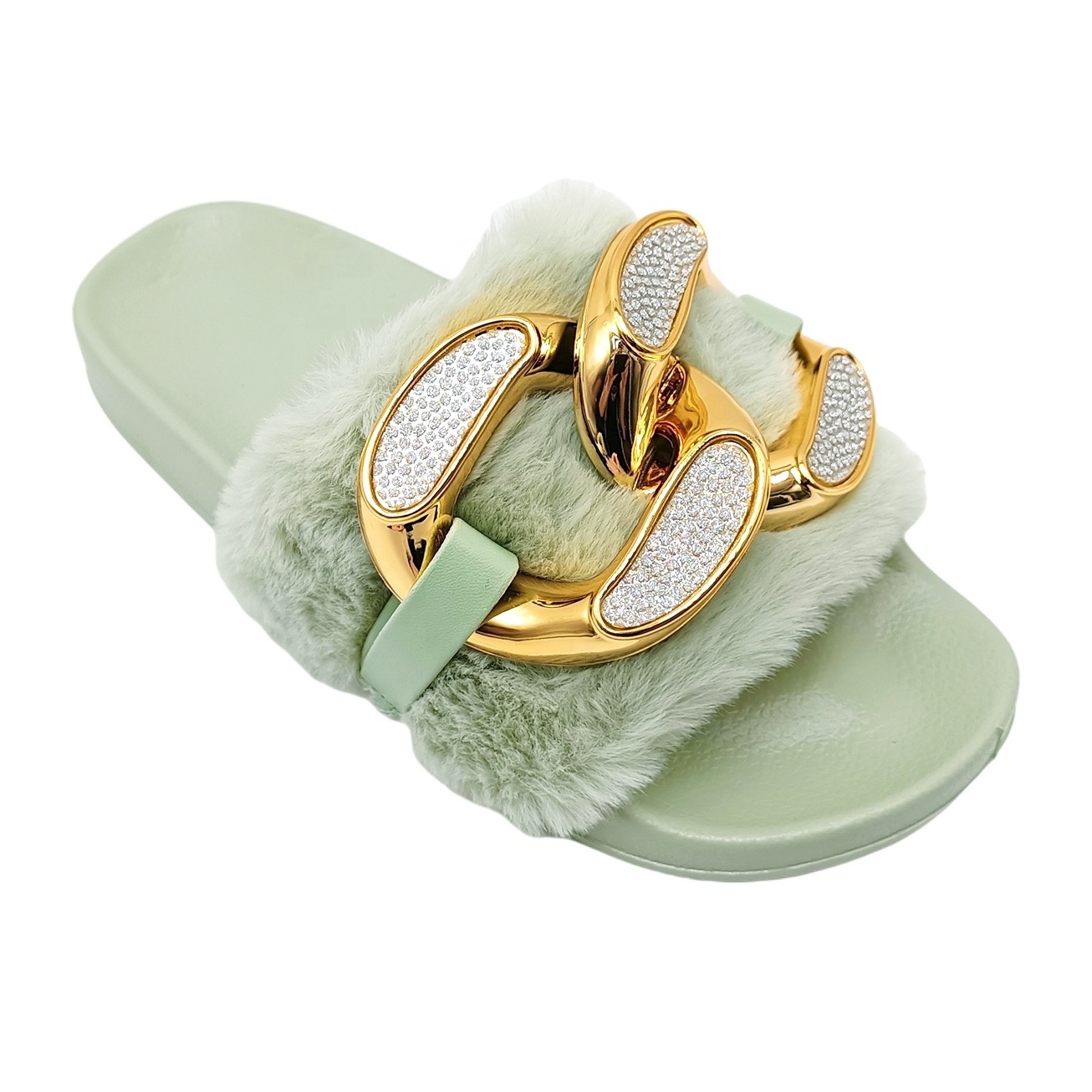 Popular Big Buckle Ladies Faux Fur Casual Sandals Fuzzy Flip Flops Hit Women Fluffy Slippers