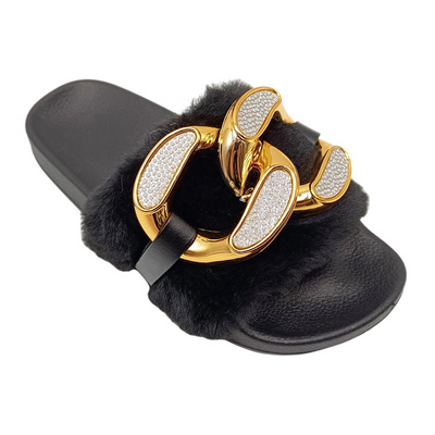 Popular Big Buckle Ladies Faux Fur Casual Sandals Fuzzy Flip Flops Hit Women Fluffy Slippers