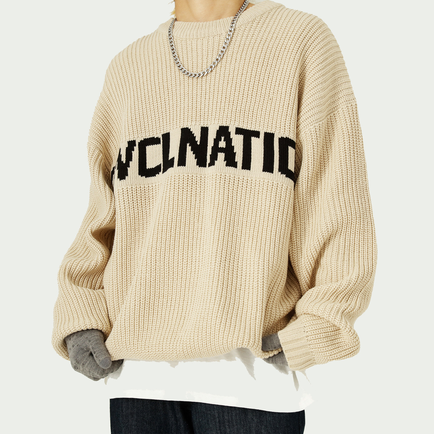 Custom LOGO OEM & ODM Men's Sweater Jacquard letter pullover knitwear winter crew neck loose oversized knitted sweater men