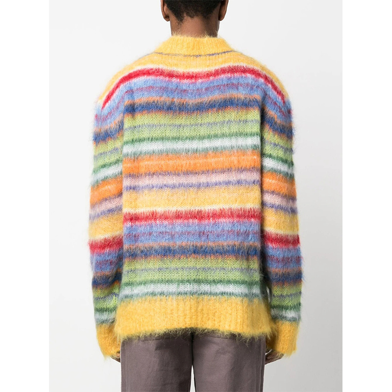 Custom LOGO OEM & ODM mohair sweaters men Fuzzy Long Sleeve knitwear winter pullover Striped knit men  knitted mohair sweaters