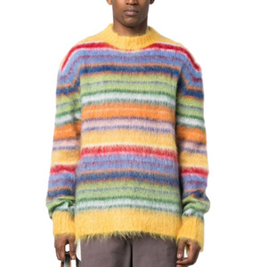 Custom LOGO OEM & ODM mohair sweaters men Fuzzy Long Sleeve knitwear winter pullover Striped knit men  knitted mohair sweaters