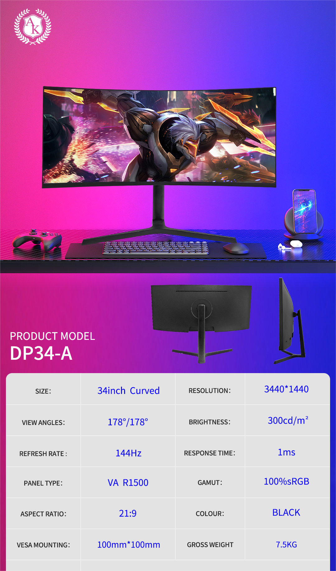 New Trend Curved Monitor 32 34 Inch 2k 4k 144hz 165hz Pc Gamer Led 1m Fast Response Time Gaming Monitors