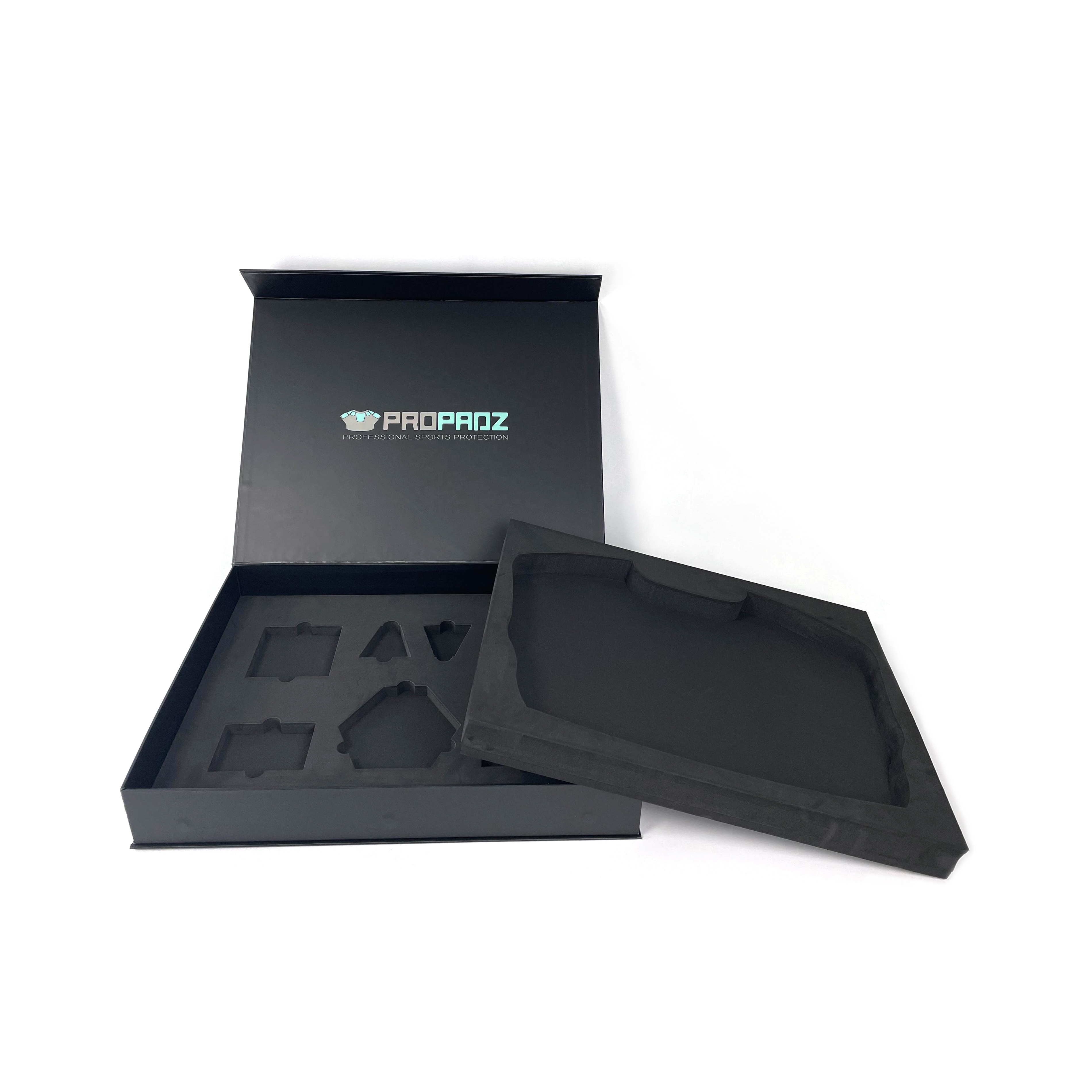 Custom black rigid paper cardboard box with customized logo and die cut EVA insert