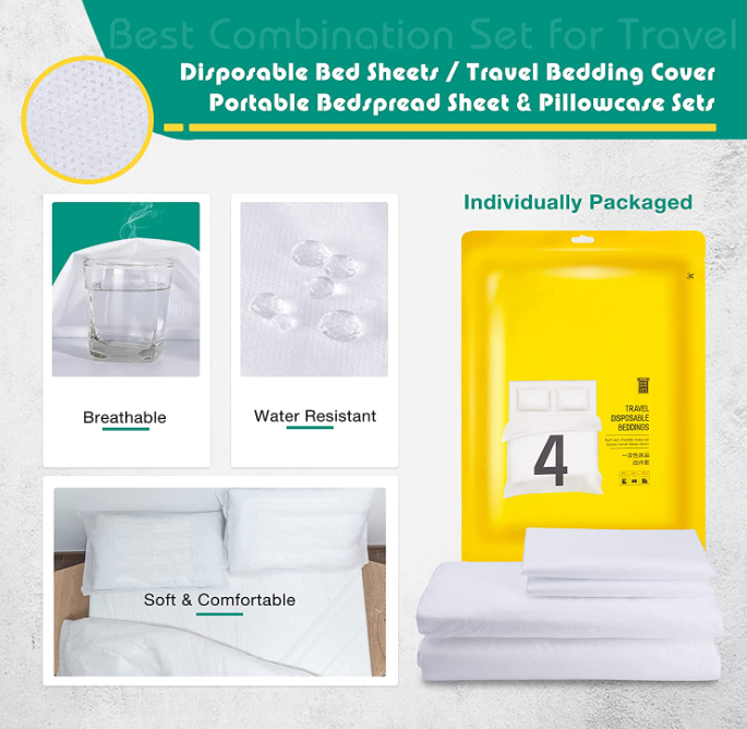 4PCS Disposable Bed Sheets Travel Sheets for Hotel, Disposable Bedding for Travel, Soft Breathable