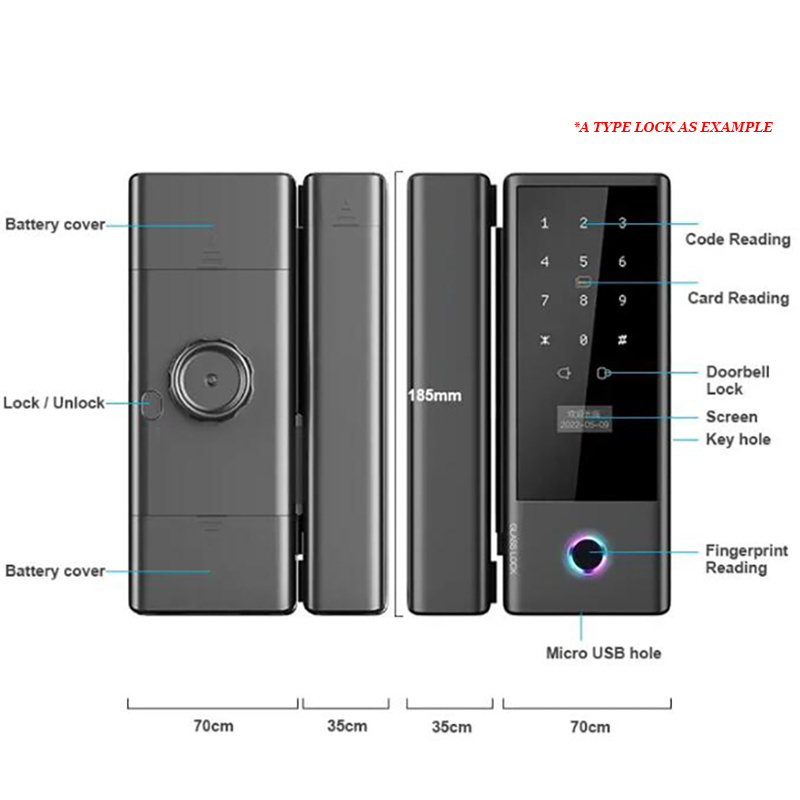 Slide Lock For Full Glazed Glass Frameless DOuble Glass Door Tuya Smart Wifi Remote Unlock Fingerprint Digital Security Lock