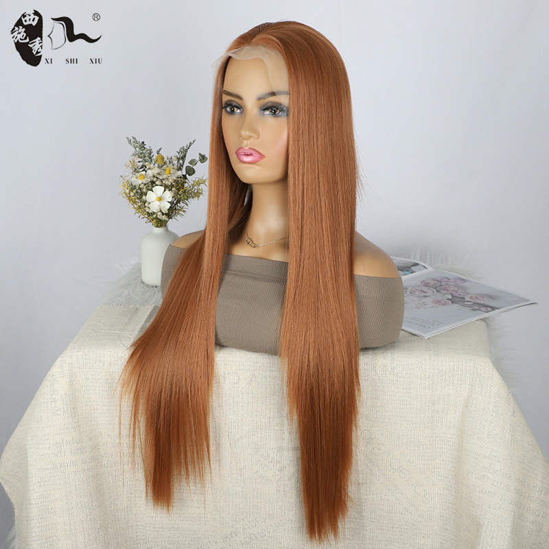 XISHIXIU 13x4 Pre Plucked with Baby Hair Synthetic Lace Front Wigs 28 Inch Brown Color Fluffy Long Straight Wig for Black Women