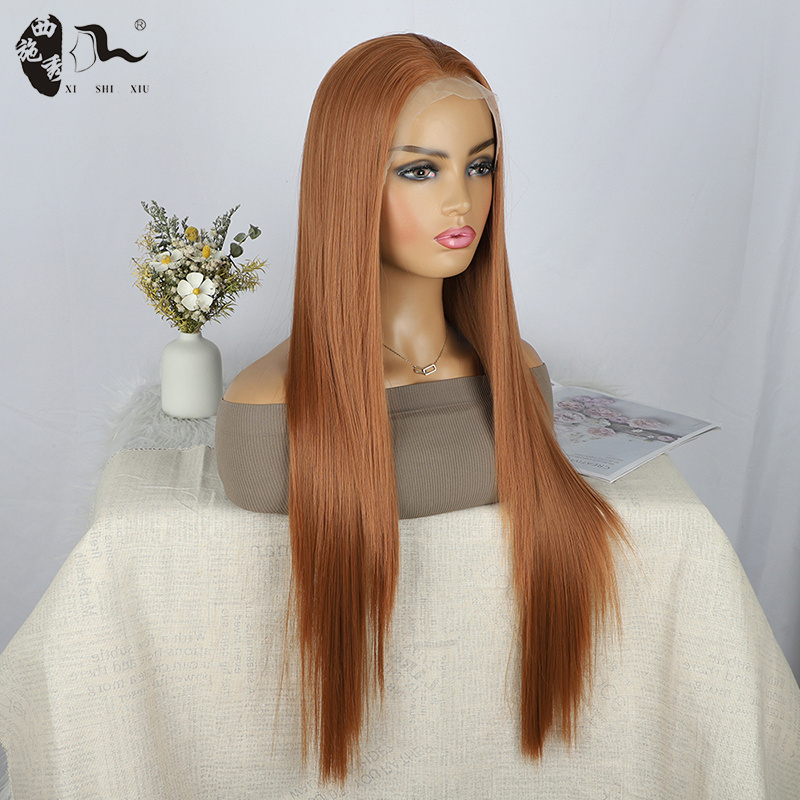 XISHIXIU 13x4 Pre Plucked with Baby Hair Synthetic Lace Front Wigs 28 Inch Brown Color Fluffy Long Straight Wig for Black Women