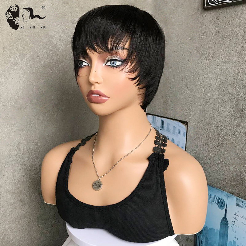 Short Pixie Cut Human Hair Wigs Black Color Wholesale Cheap Price Full Machine Straight Wig for Women 100% Remy Wig XISHIXIU